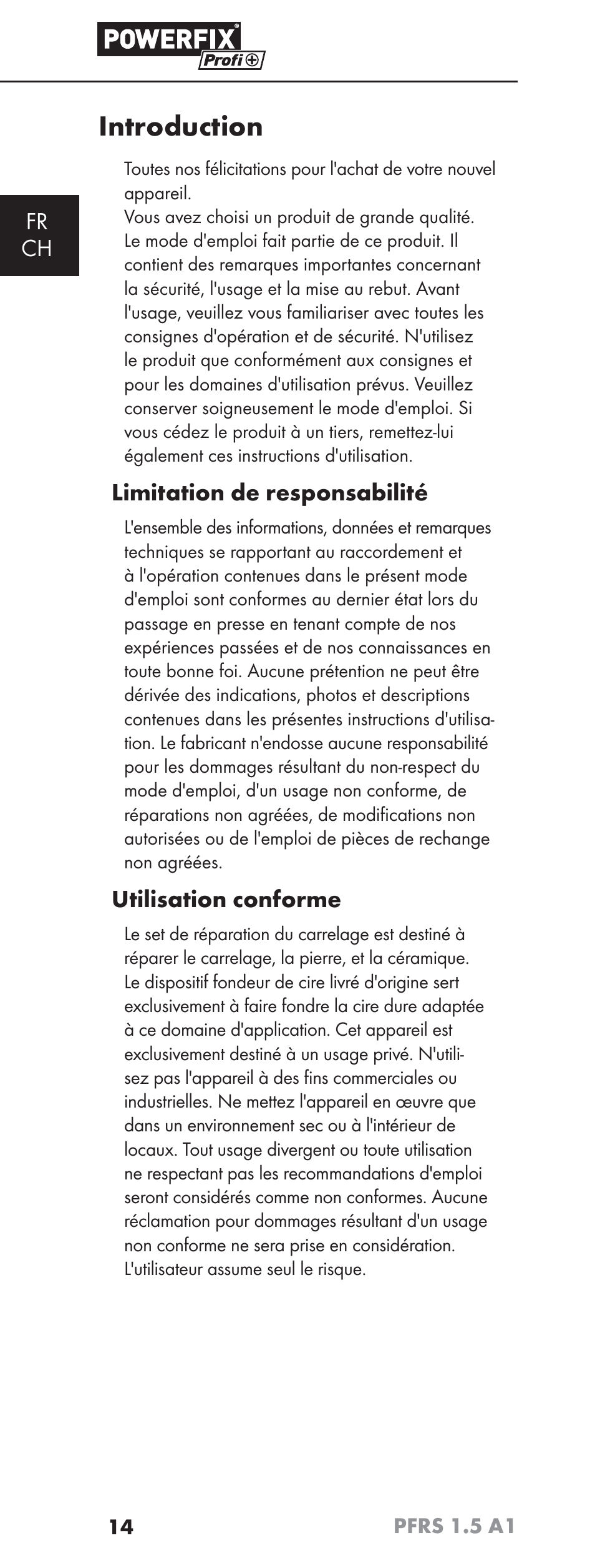 Introduction, Fr ch, Limitation de responsabilité | Utilisation conforme | Powerfix PFRS 1.5 A1 User Manual | Page 17 / 51