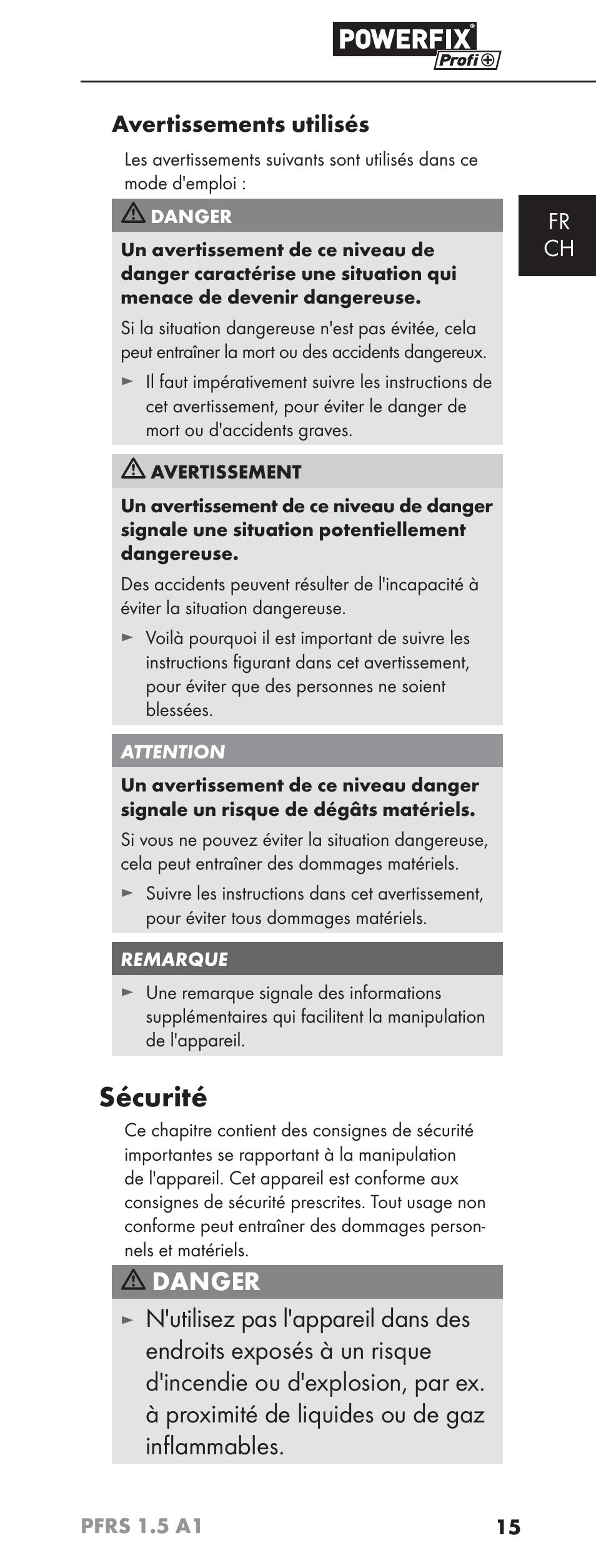 Sécurité, Danger, Fr ch avertissements utilisés | Powerfix PFRS 1.5 A1 User Manual | Page 18 / 51