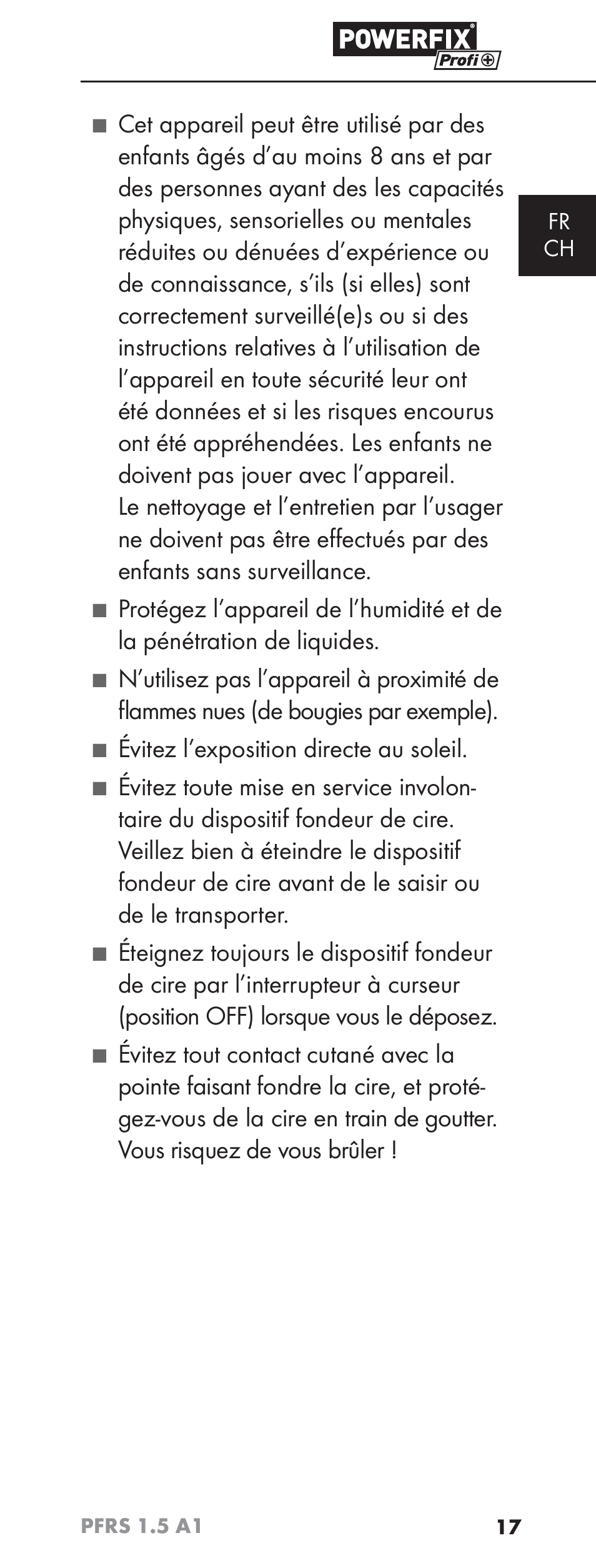 Évitez l’exposition directe au soleil, Fr ch | Powerfix PFRS 1.5 A1 User Manual | Page 20 / 51