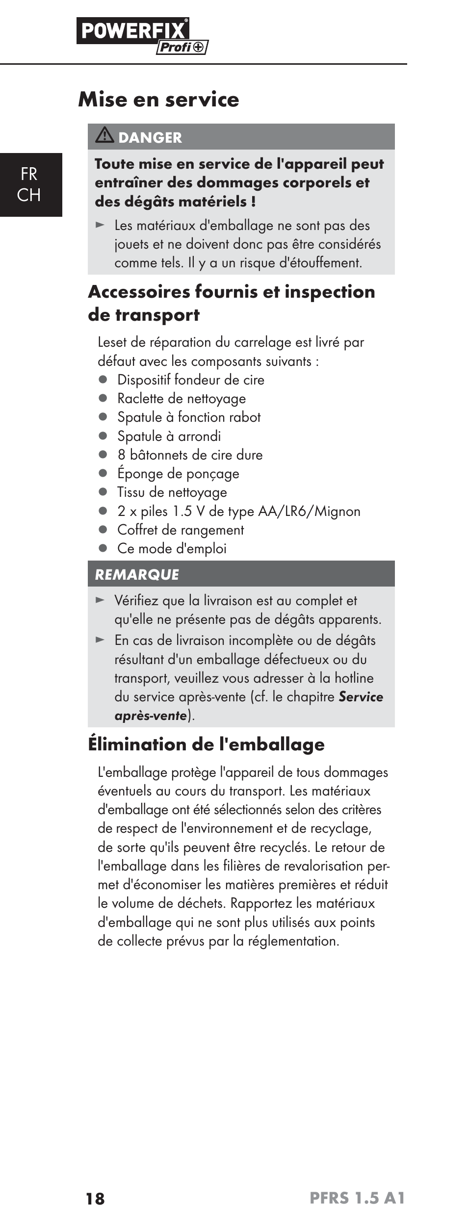 Mise en service, Fr ch, Accessoires fournis et inspection de transport | Élimination de l'emballage | Powerfix PFRS 1.5 A1 User Manual | Page 21 / 51