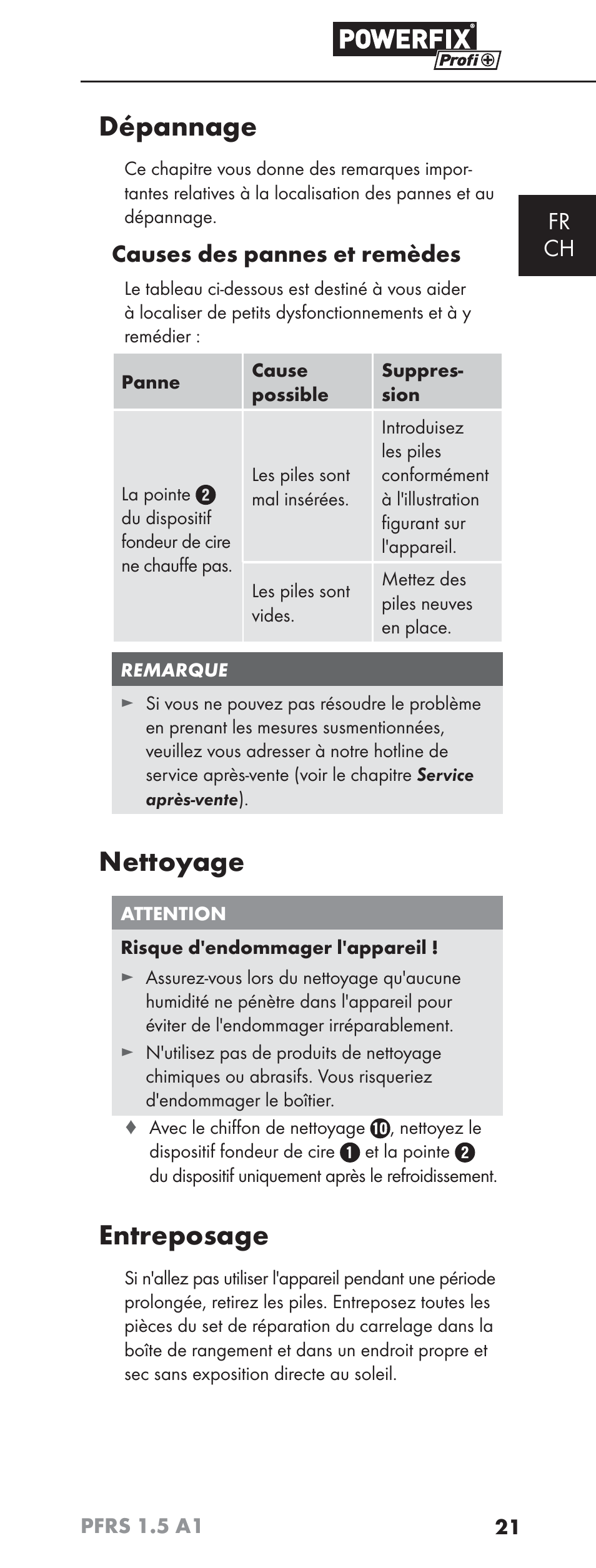 Dépannage, Nettoyage, Entreposage | Fr ch, Causes des pannes et remèdes | Powerfix PFRS 1.5 A1 User Manual | Page 24 / 51