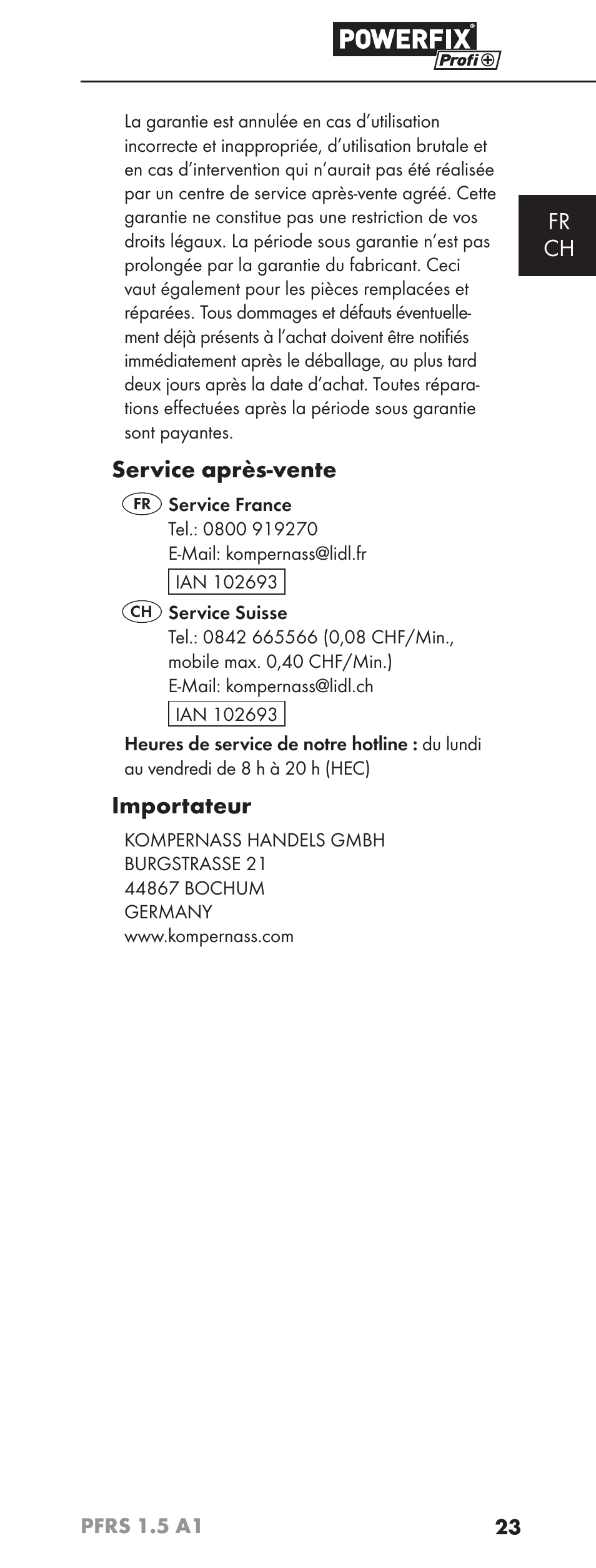 Fr ch, Service après-vente, Importateur | Powerfix PFRS 1.5 A1 User Manual | Page 26 / 51