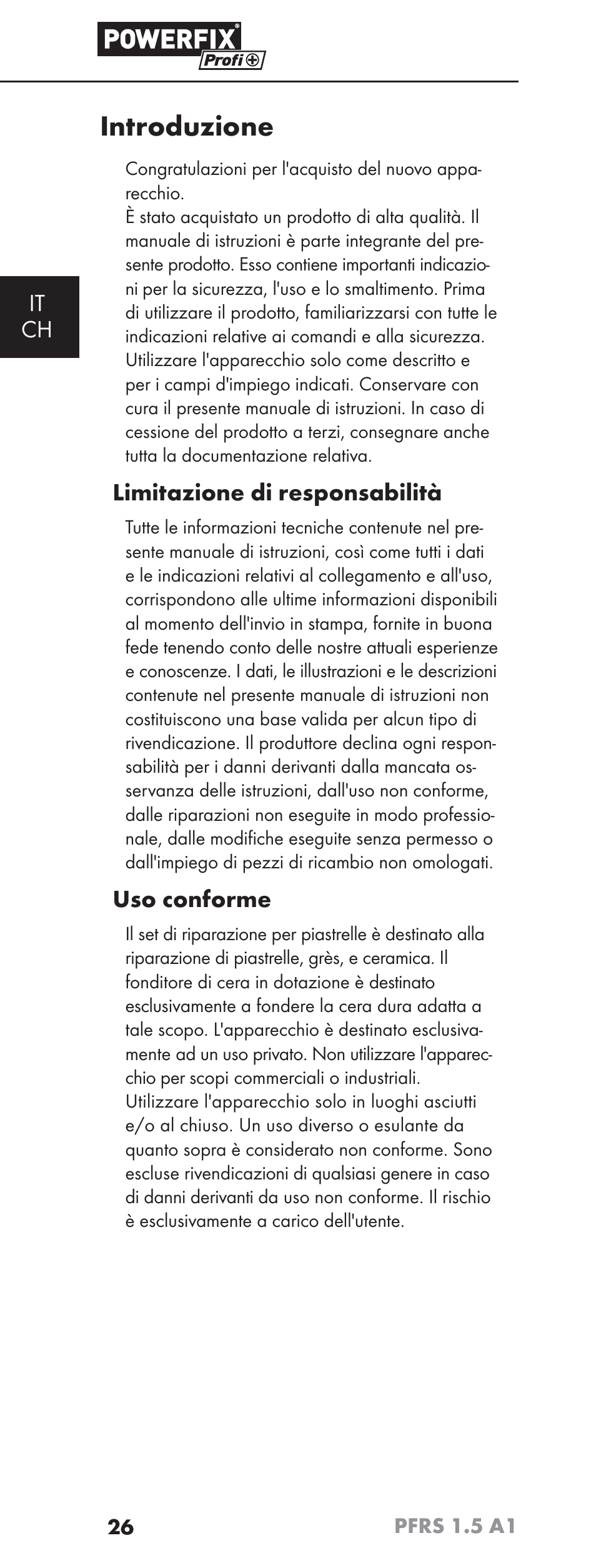 Introduzione, It ch, Limitazione di responsabilità | Uso conforme | Powerfix PFRS 1.5 A1 User Manual | Page 29 / 51