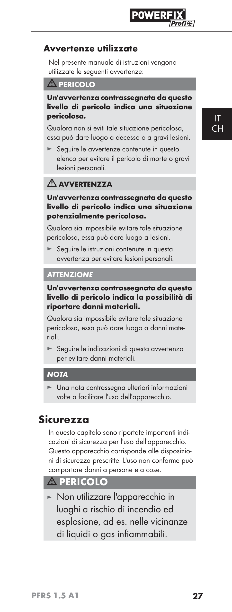 Sicurezza, Pericolo, It ch avvertenze utilizzate | Powerfix PFRS 1.5 A1 User Manual | Page 30 / 51