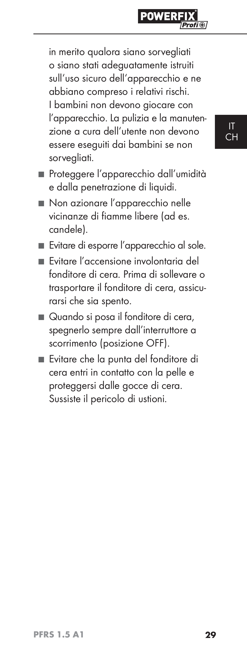 Evitare di esporre l’apparecchio al sole, It ch | Powerfix PFRS 1.5 A1 User Manual | Page 32 / 51