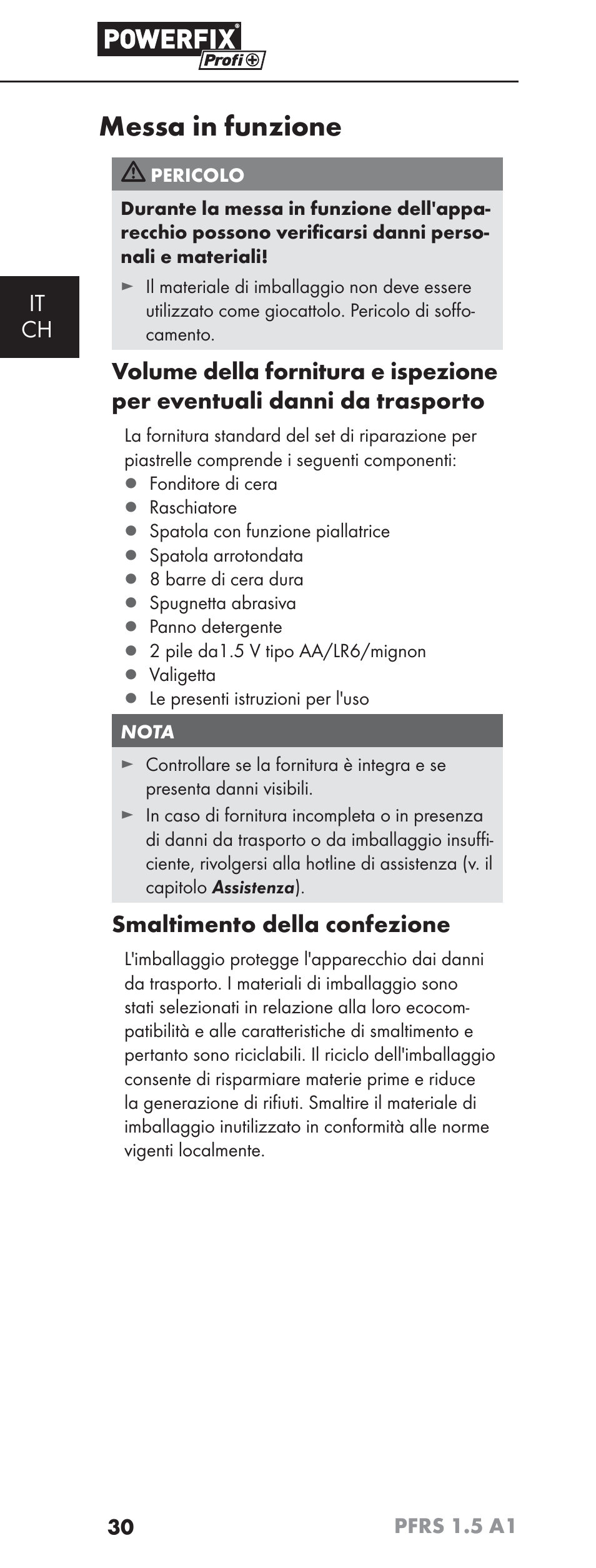 Messa in funzione, It ch, Smaltimento della confezione | Powerfix PFRS 1.5 A1 User Manual | Page 33 / 51