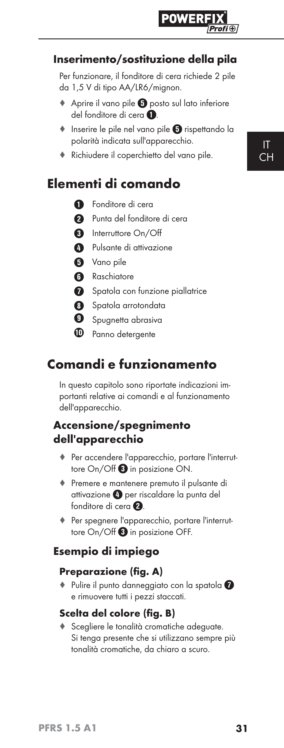 Elementi di comando, Comandi e funzionamento, It ch inserimento/sostituzione della pila | Accensione/spegnimento dell'apparecchio, Esempio di impiego | Powerfix PFRS 1.5 A1 User Manual | Page 34 / 51