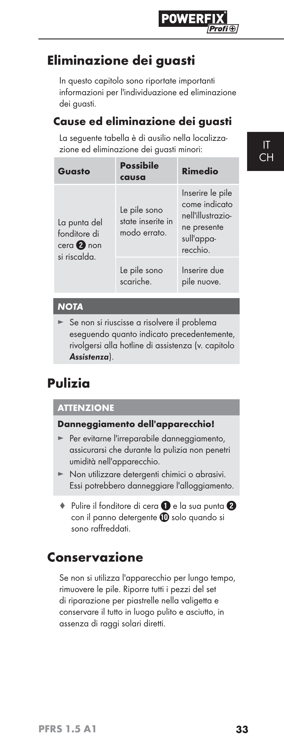 Eliminazione dei guasti, Pulizia, Conservazione | It ch, Cause ed eliminazione dei guasti | Powerfix PFRS 1.5 A1 User Manual | Page 36 / 51