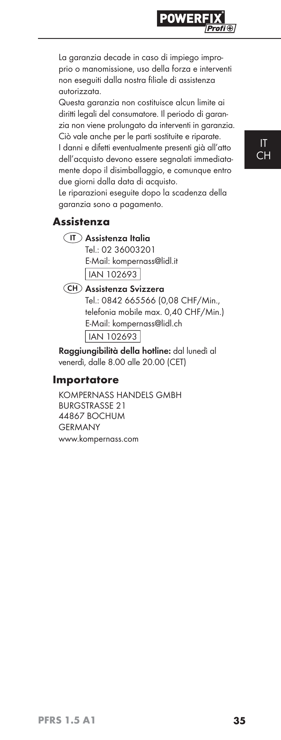 It ch, Assistenza, Importatore | Powerfix PFRS 1.5 A1 User Manual | Page 38 / 51