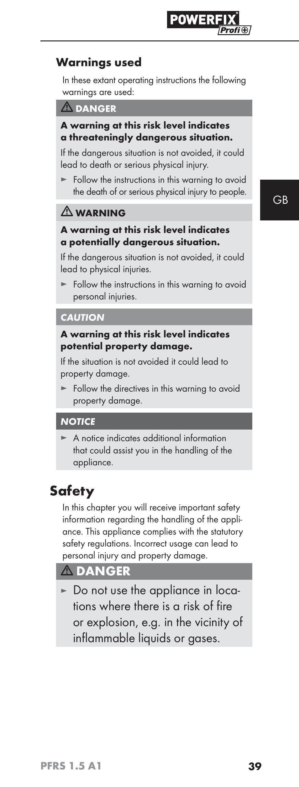 Safety, Danger, Gb warnings used | Powerfix PFRS 1.5 A1 User Manual | Page 42 / 51