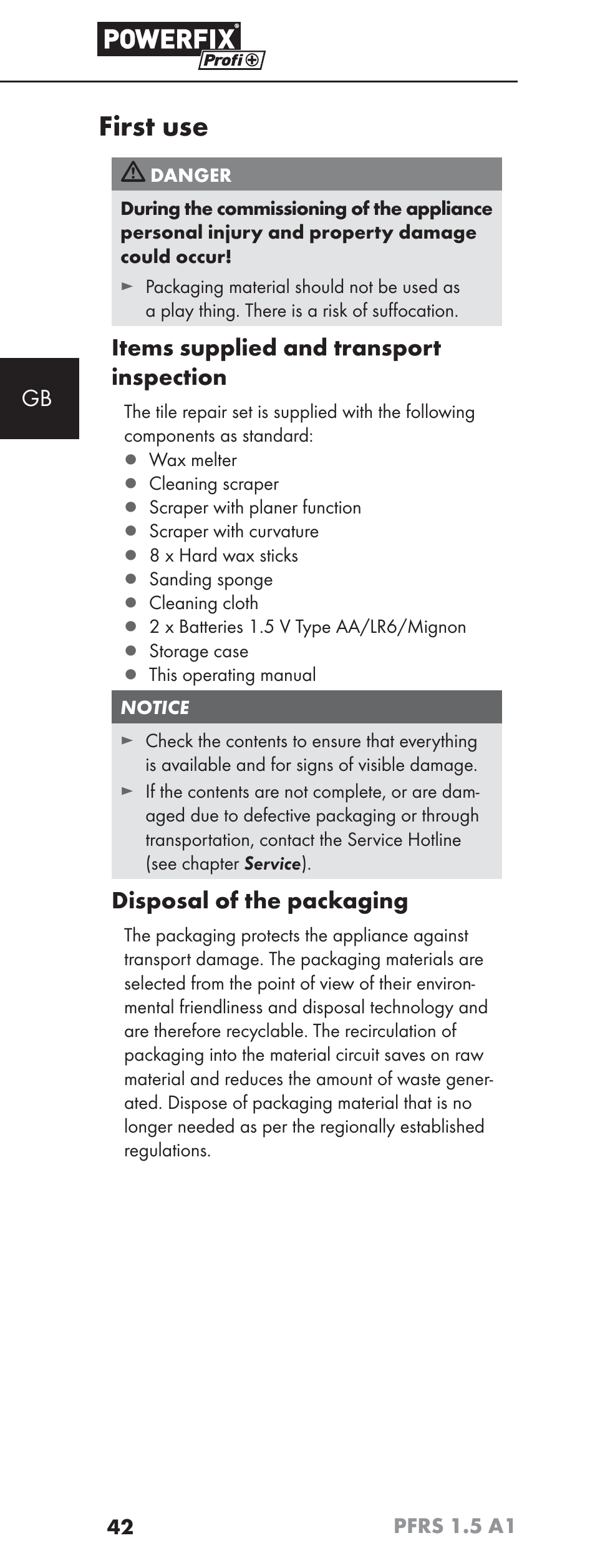 First use, Items supplied and transport inspection, Disposal of the packaging | Powerfix PFRS 1.5 A1 User Manual | Page 45 / 51