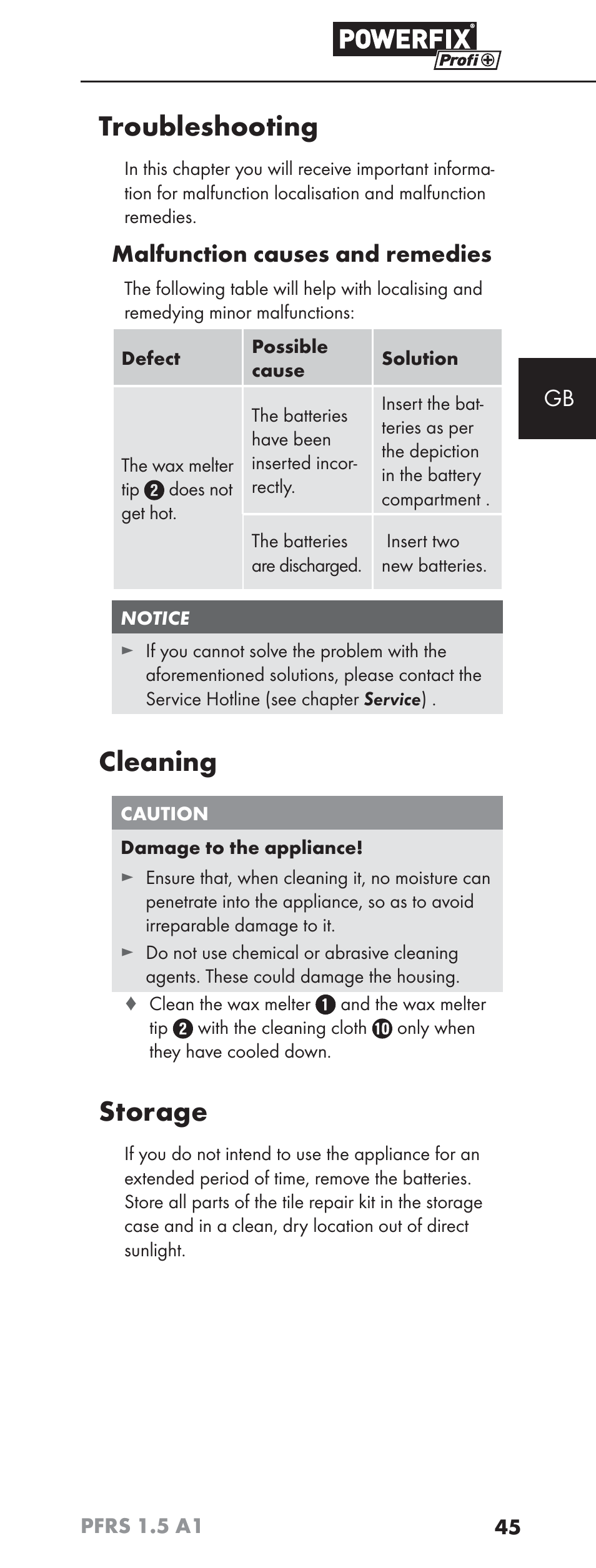 Troubleshooting, Cleaning, Storage | Malfunction causes and remedies | Powerfix PFRS 1.5 A1 User Manual | Page 48 / 51