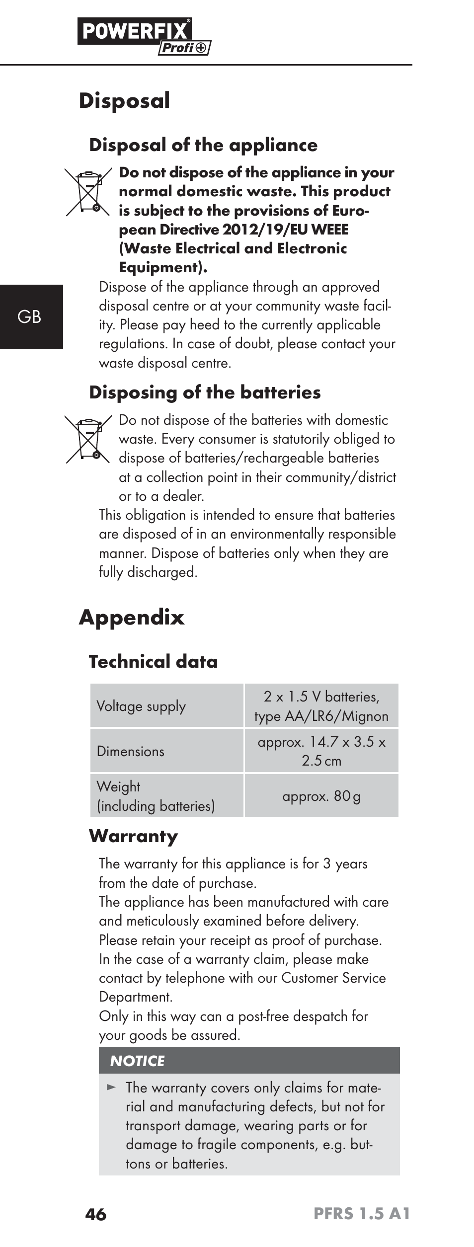 Disposal, Appendix, Disposal of the appliance | Disposing of the batteries, Technical data, Warranty | Powerfix PFRS 1.5 A1 User Manual | Page 49 / 51