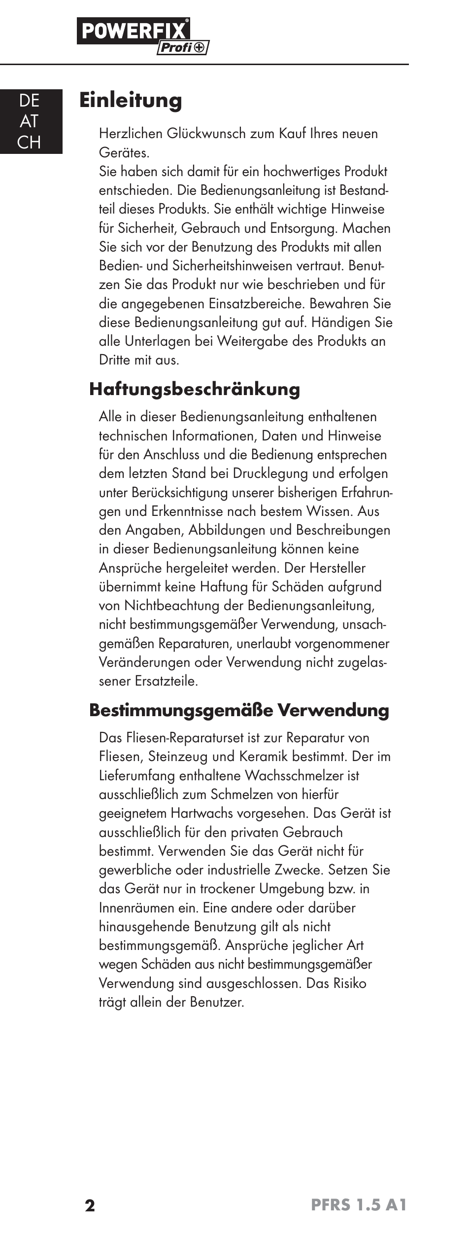 Einleitung, De at ch, Haftungsbeschränkung | Bestimmungsgemäße verwendung | Powerfix PFRS 1.5 A1 User Manual | Page 5 / 51