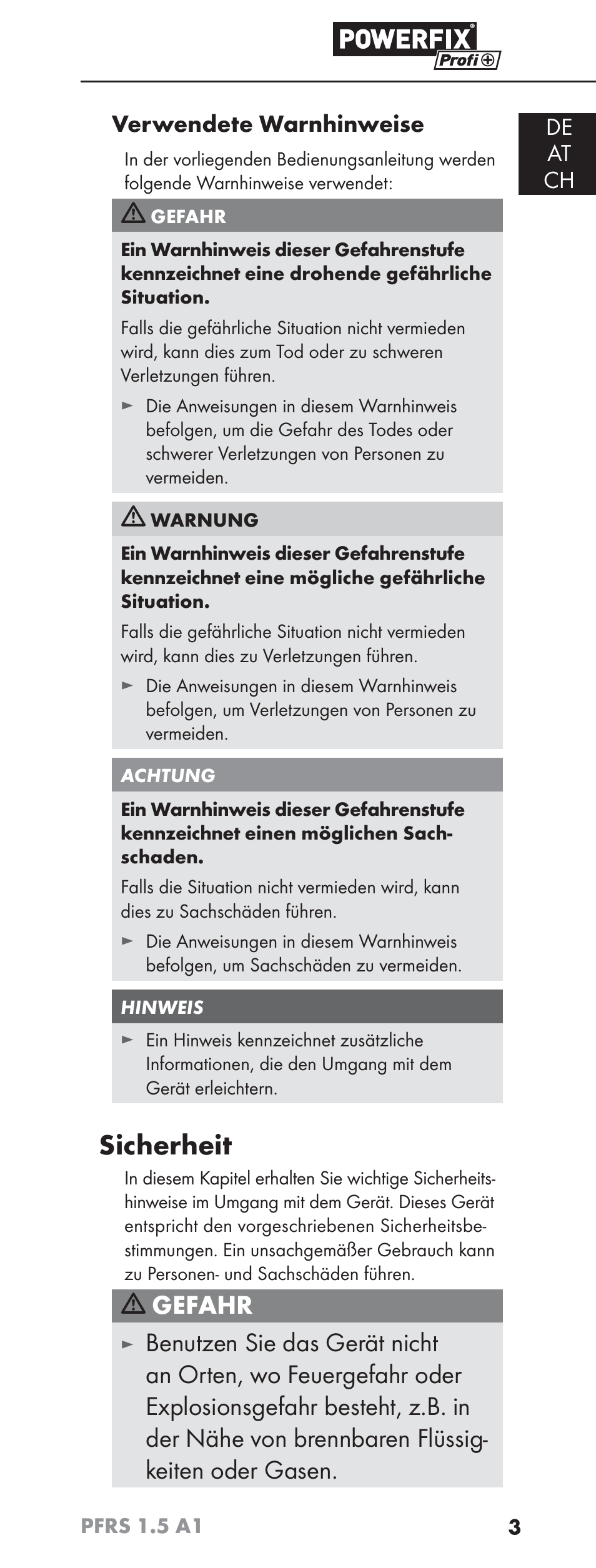 Sicherheit, Gefahr, De at ch verwendete warnhinweise | Powerfix PFRS 1.5 A1 User Manual | Page 6 / 51