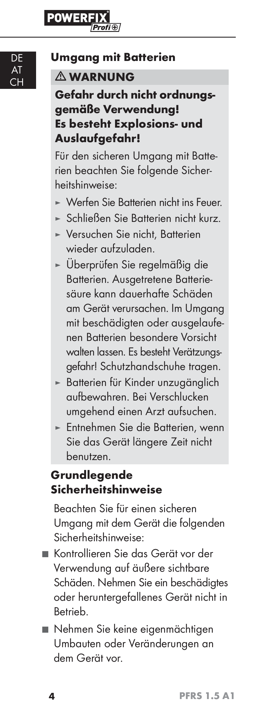 Werfen sie batterien nicht ins feuer, Schließen sie batterien nicht kurz, Versuchen sie nicht, batterien wieder aufzuladen | Powerfix PFRS 1.5 A1 User Manual | Page 7 / 51