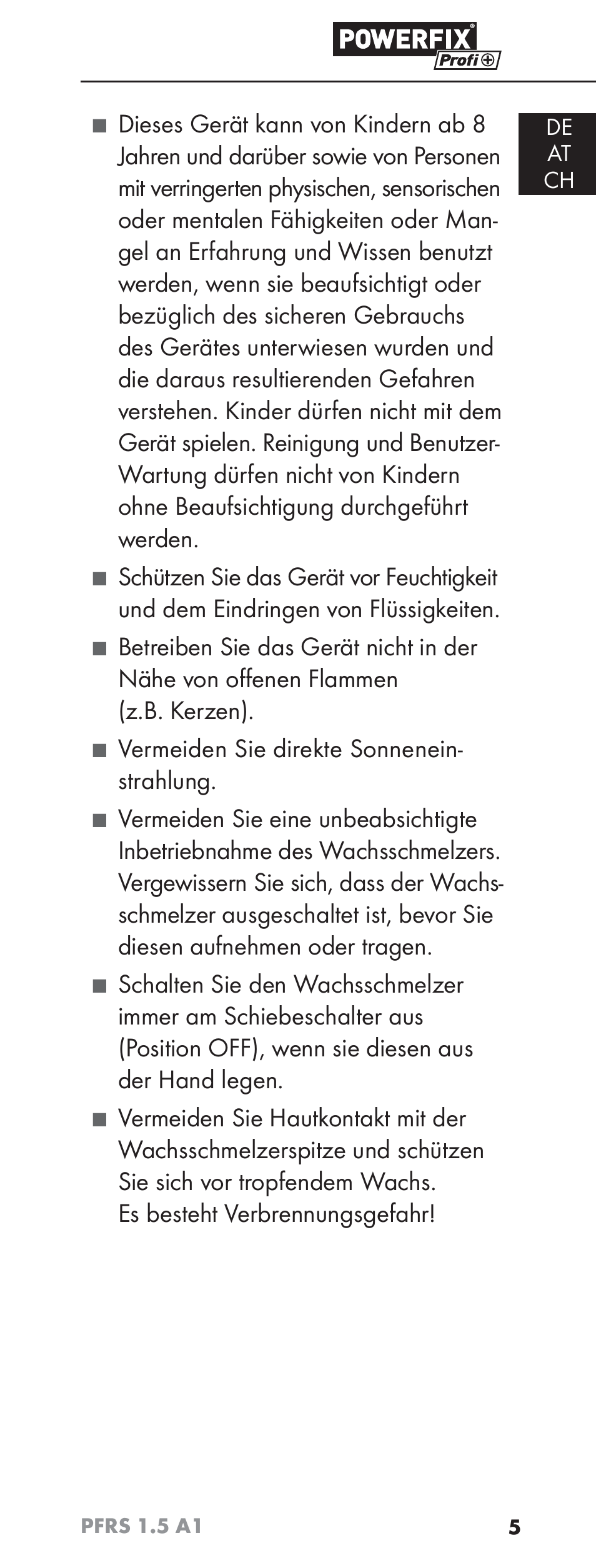 Vermeiden sie direkte sonnenein- strahlung, De at ch | Powerfix PFRS 1.5 A1 User Manual | Page 8 / 51