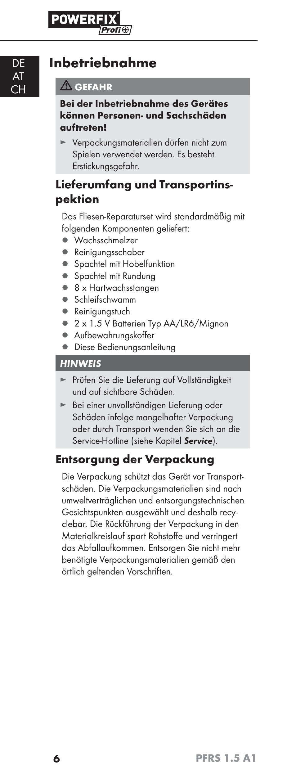 Inbetriebnahme, De at ch, Lieferumfang und transportins- pektion | Entsorgung der verpackung | Powerfix PFRS 1.5 A1 User Manual | Page 9 / 51