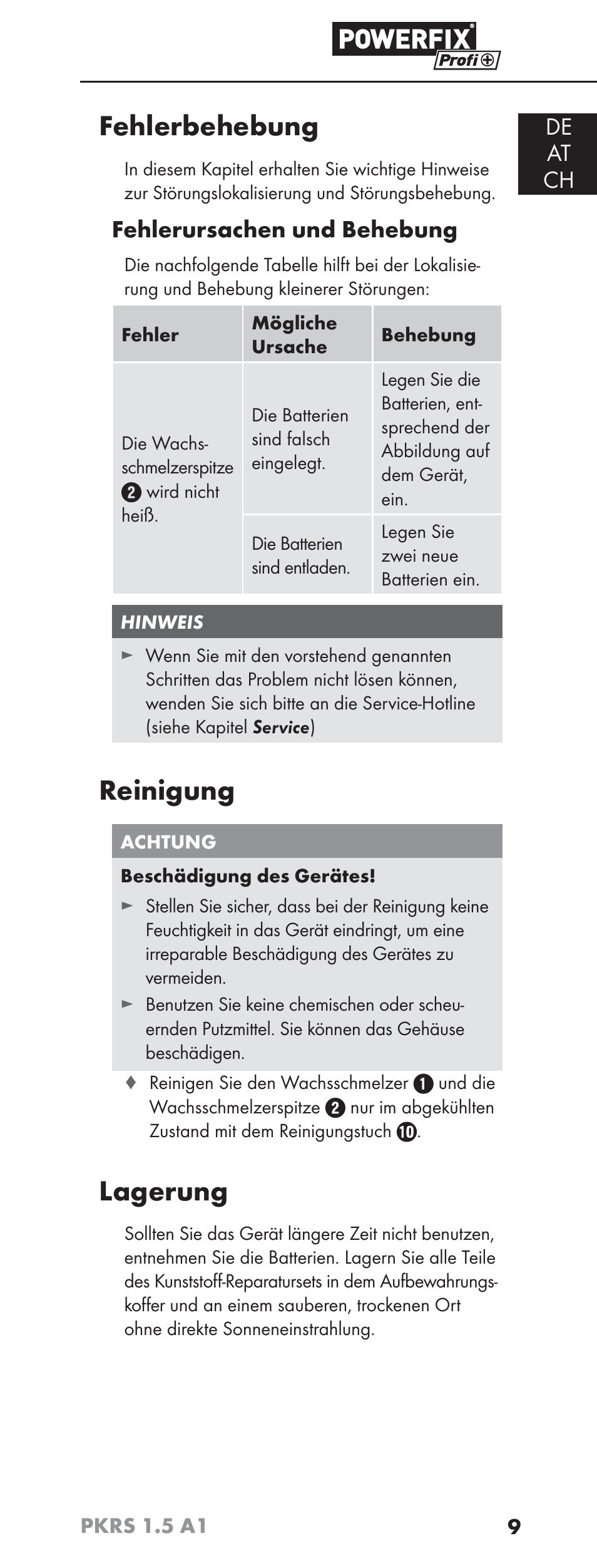 Fehlerbehebung, Reinigung, Lagerung | De at ch, Fehlerursachen und behebung | Powerfix PKRS 1.5 A1 User Manual | Page 12 / 51