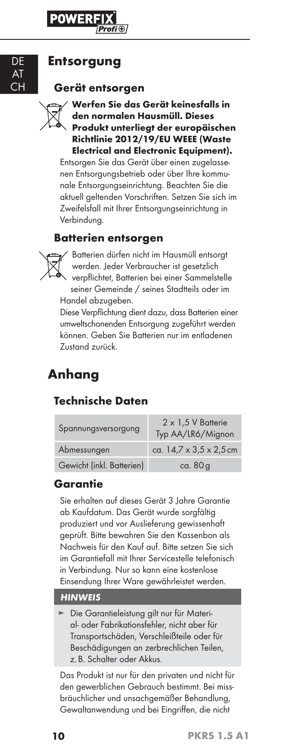 Entsorgung, Anhang, De at ch | Gerät entsorgen, Batterien entsorgen, Technische daten, Garantie | Powerfix PKRS 1.5 A1 User Manual | Page 13 / 51