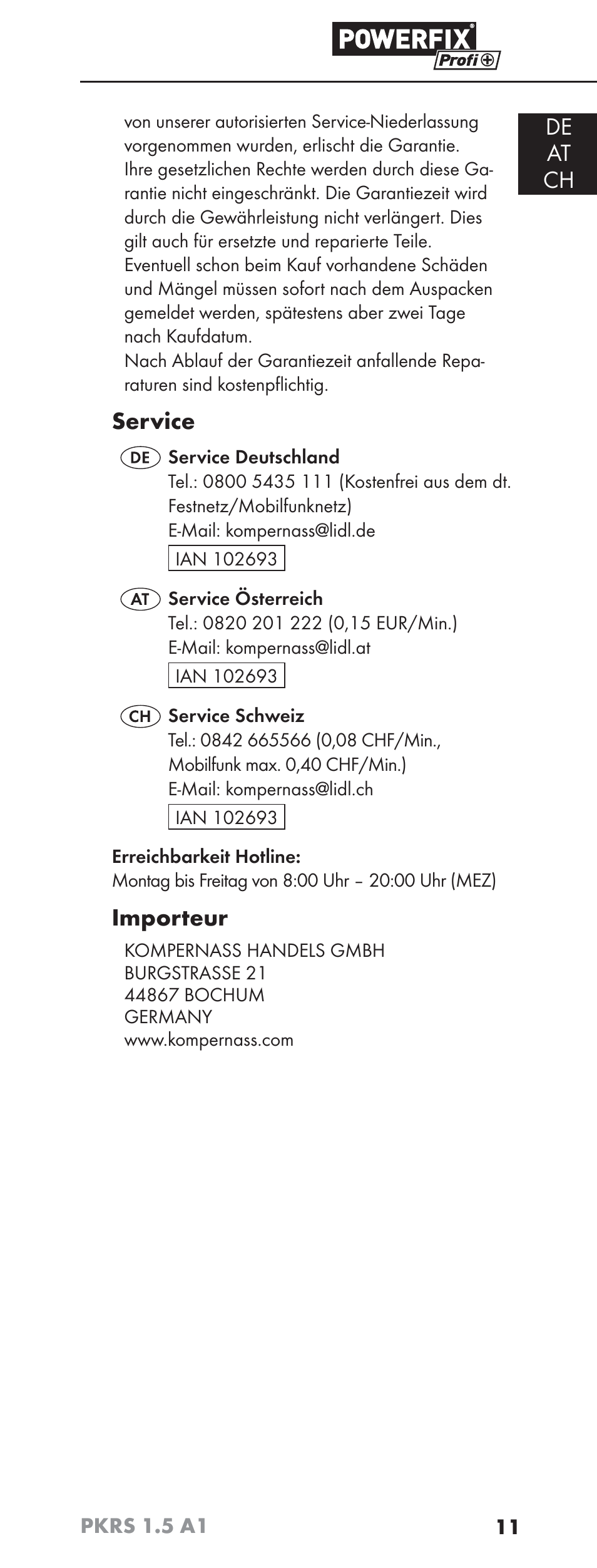 De at ch, Service, Importeur | Powerfix PKRS 1.5 A1 User Manual | Page 14 / 51