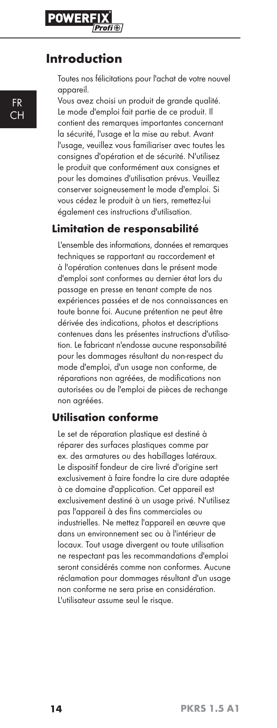 Introduction, Fr ch, Limitation de responsabilité | Utilisation conforme | Powerfix PKRS 1.5 A1 User Manual | Page 17 / 51