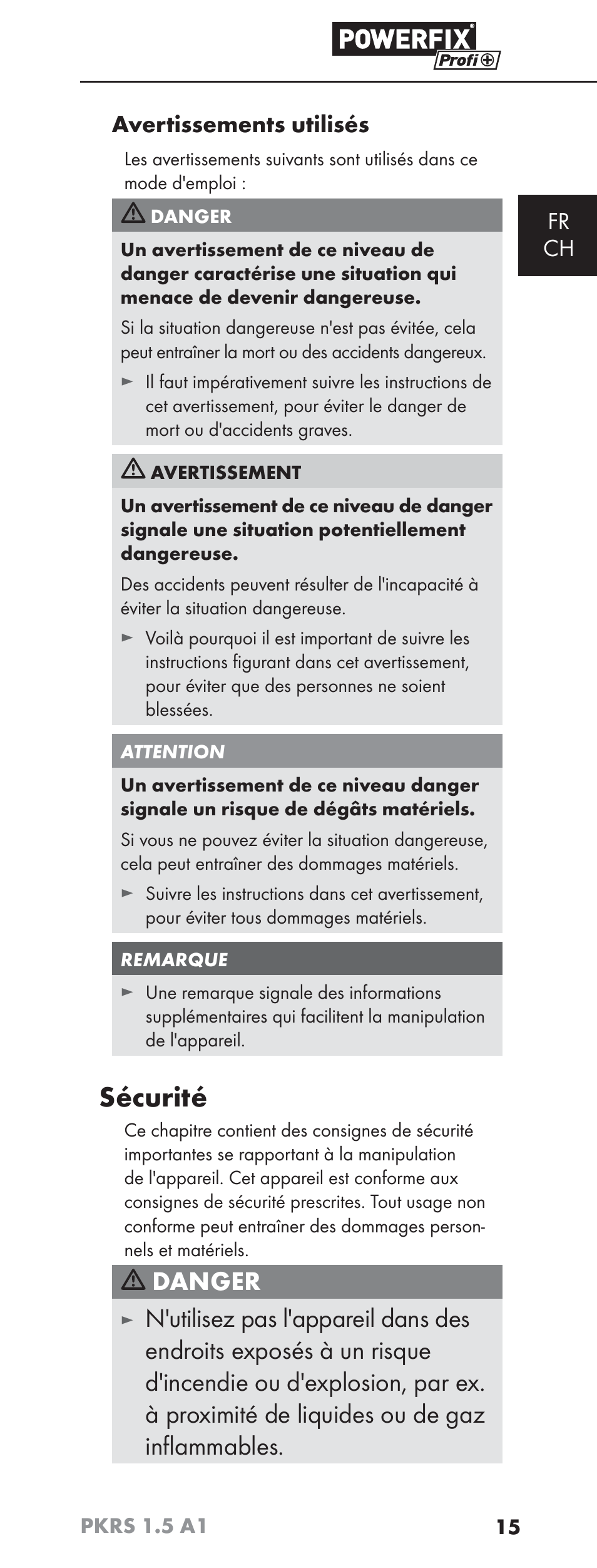 Sécurité, Danger, Fr ch avertissements utilisés | Powerfix PKRS 1.5 A1 User Manual | Page 18 / 51