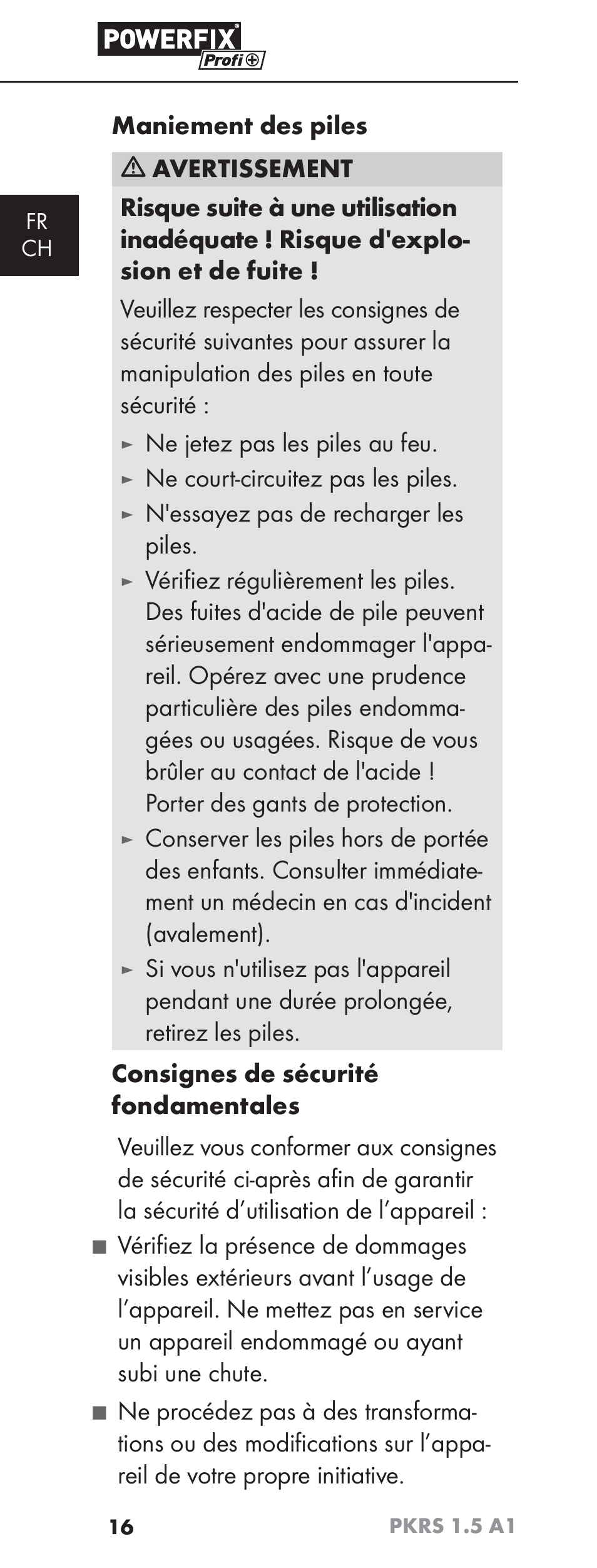 Ne jetez pas les piles au feu, Ne court-circuitez pas les piles, N'essayez pas de recharger les piles | Powerfix PKRS 1.5 A1 User Manual | Page 19 / 51