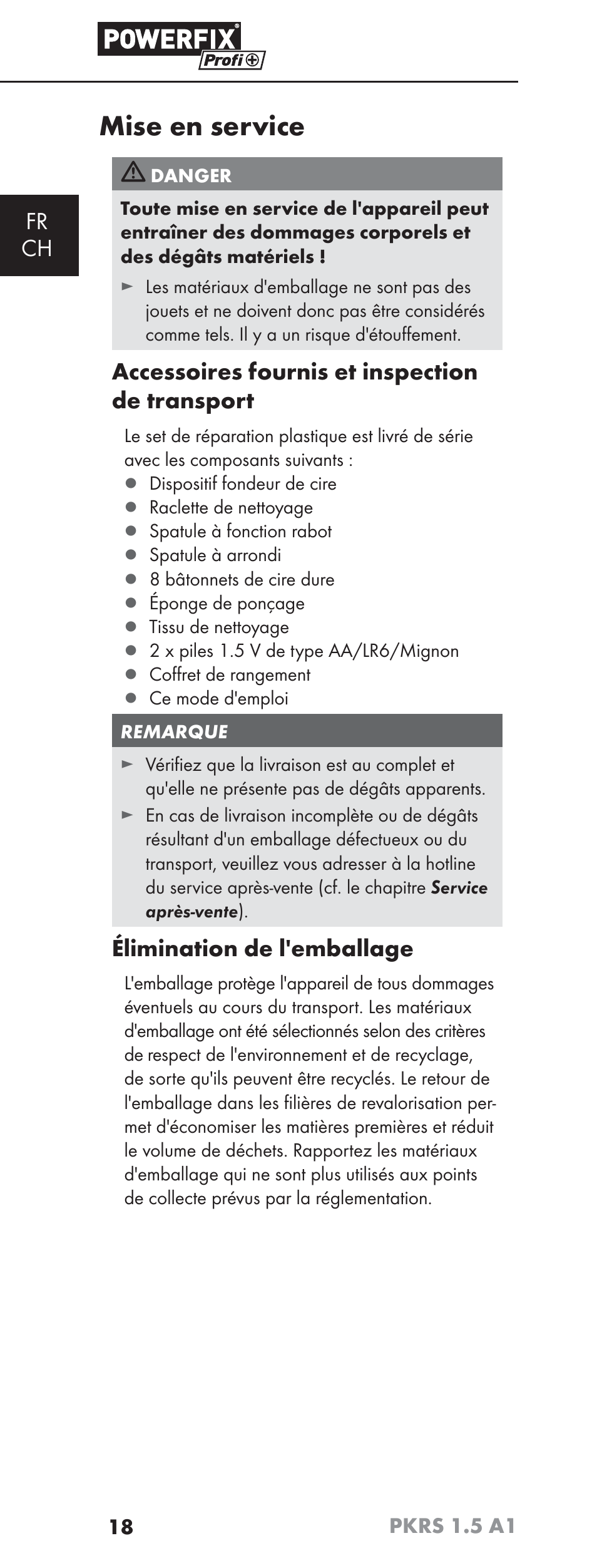 Mise en service, Fr ch, Accessoires fournis et inspection de transport | Élimination de l'emballage | Powerfix PKRS 1.5 A1 User Manual | Page 21 / 51