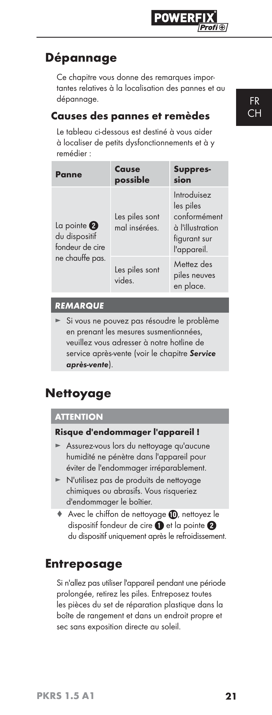 Dépannage, Nettoyage, Entreposage | Fr ch, Causes des pannes et remèdes | Powerfix PKRS 1.5 A1 User Manual | Page 24 / 51