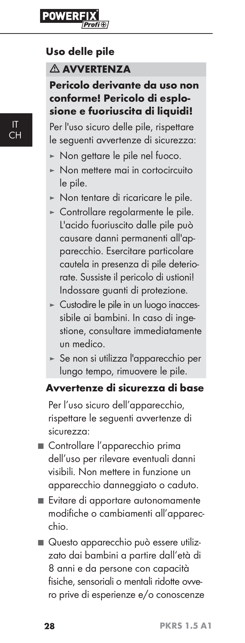 Non gettare le pile nel fuoco, Non mettere mai in cortocircuito le pile, Non tentare di ricaricare le pile | Powerfix PKRS 1.5 A1 User Manual | Page 31 / 51