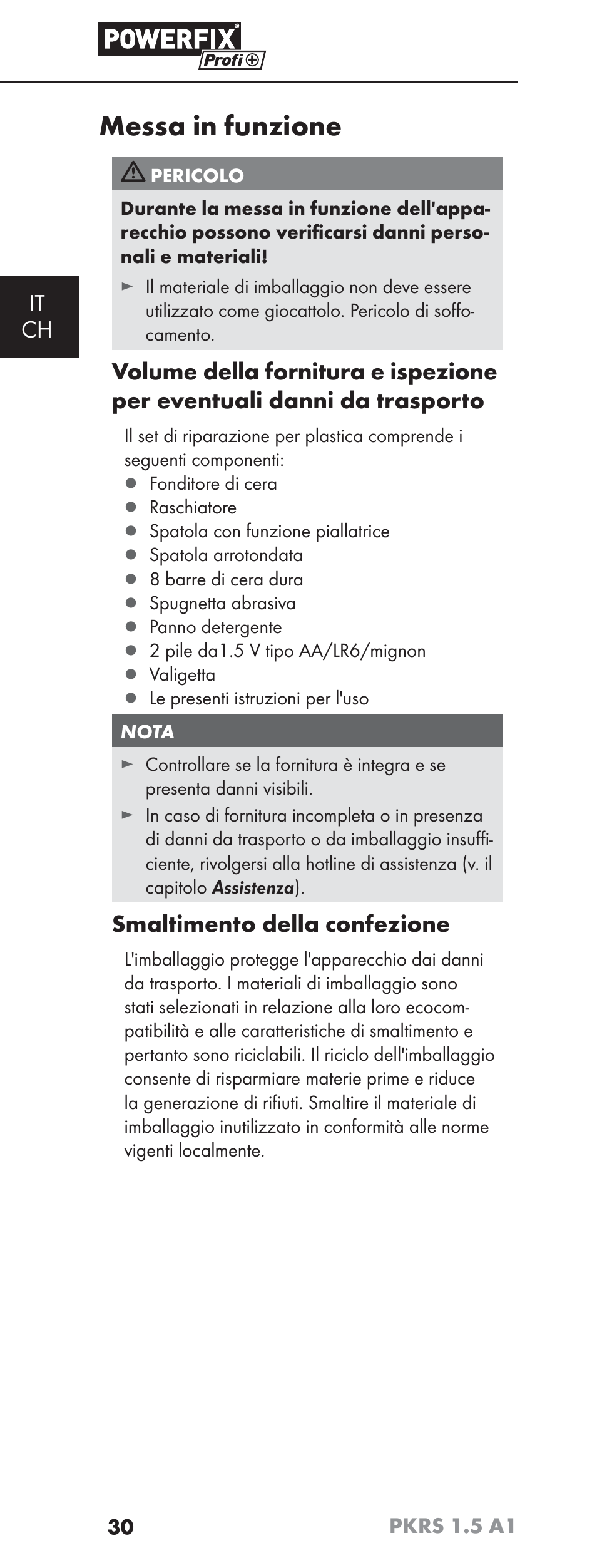 Messa in funzione, It ch, Smaltimento della confezione | Powerfix PKRS 1.5 A1 User Manual | Page 33 / 51