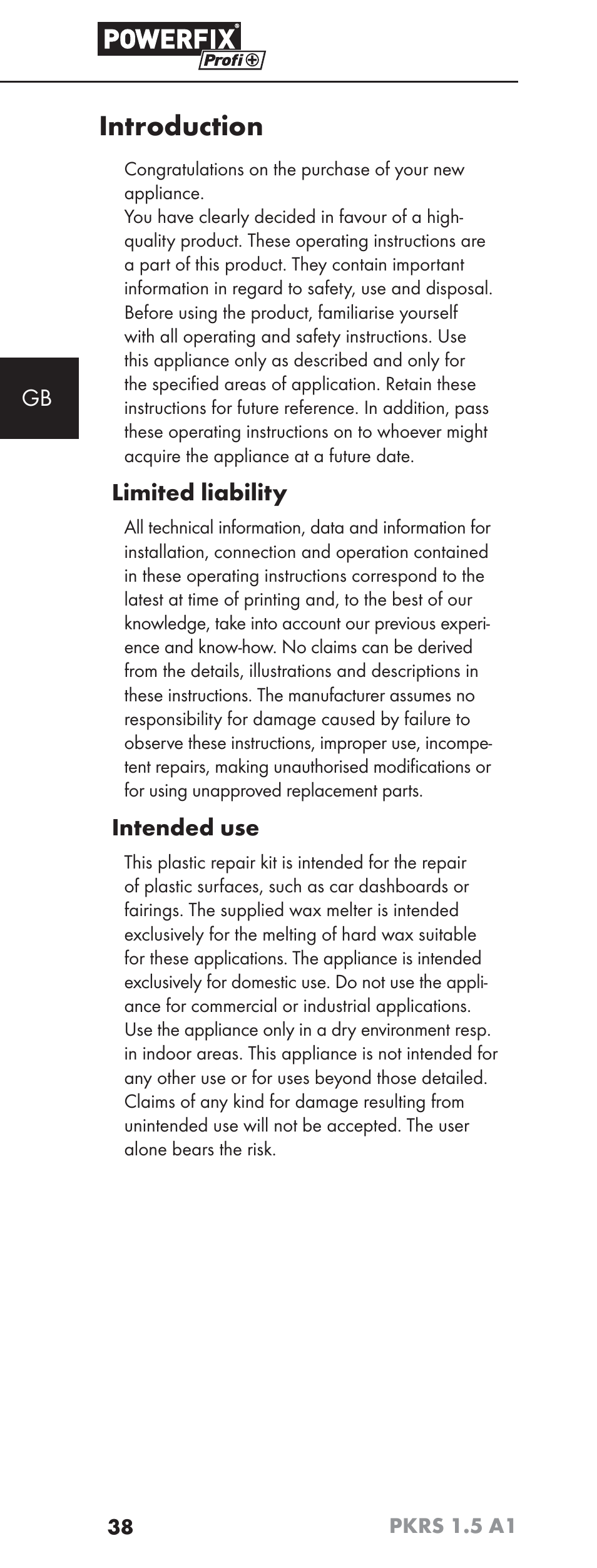 Introduction, Limited liability, Intended use | Powerfix PKRS 1.5 A1 User Manual | Page 41 / 51