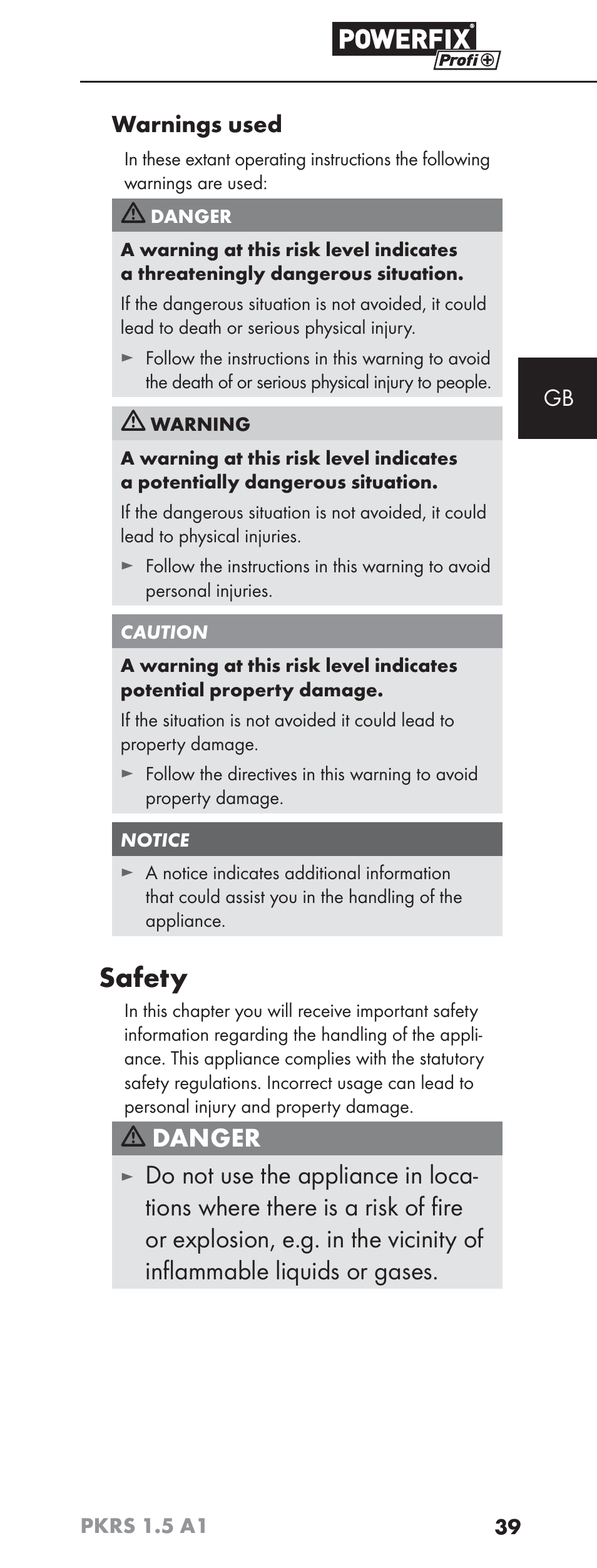 Safety, Danger, Gb warnings used | Powerfix PKRS 1.5 A1 User Manual | Page 42 / 51