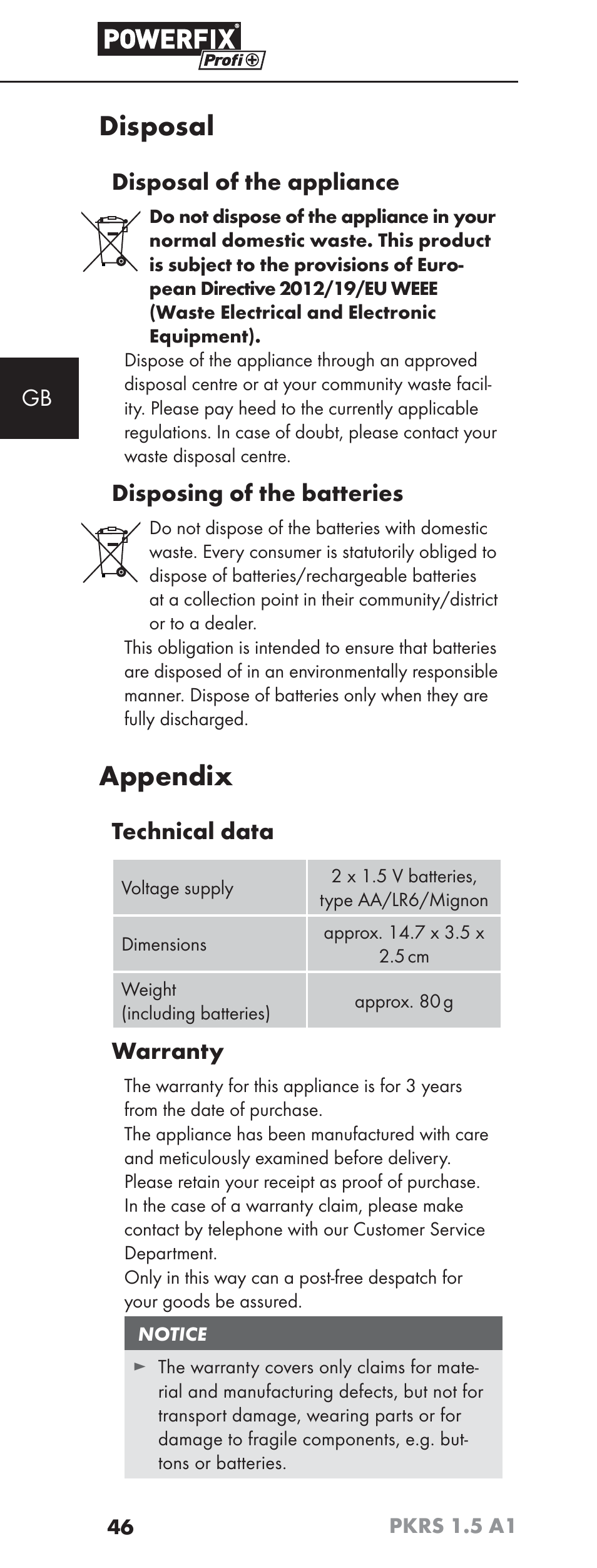 Disposal, Appendix, Disposal of the appliance | Disposing of the batteries, Technical data, Warranty | Powerfix PKRS 1.5 A1 User Manual | Page 49 / 51