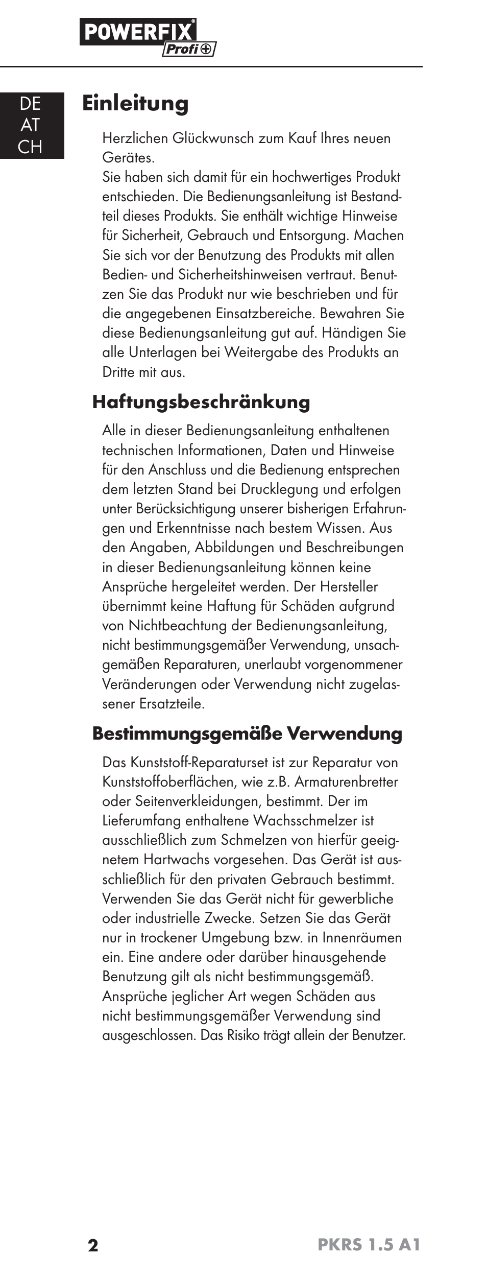 Einleitung, De at ch, Haftungsbeschränkung | Bestimmungsgemäße verwendung | Powerfix PKRS 1.5 A1 User Manual | Page 5 / 51