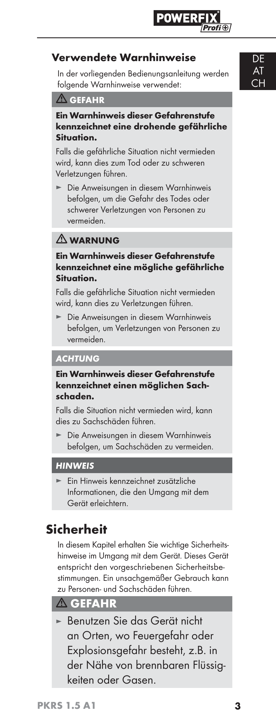 Sicherheit, Gefahr, De at ch verwendete warnhinweise | Powerfix PKRS 1.5 A1 User Manual | Page 6 / 51