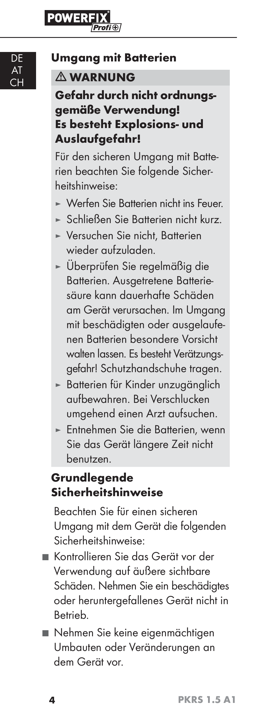 Werfen sie batterien nicht ins feuer, Schließen sie batterien nicht kurz, Versuchen sie nicht, batterien wieder aufzuladen | Powerfix PKRS 1.5 A1 User Manual | Page 7 / 51