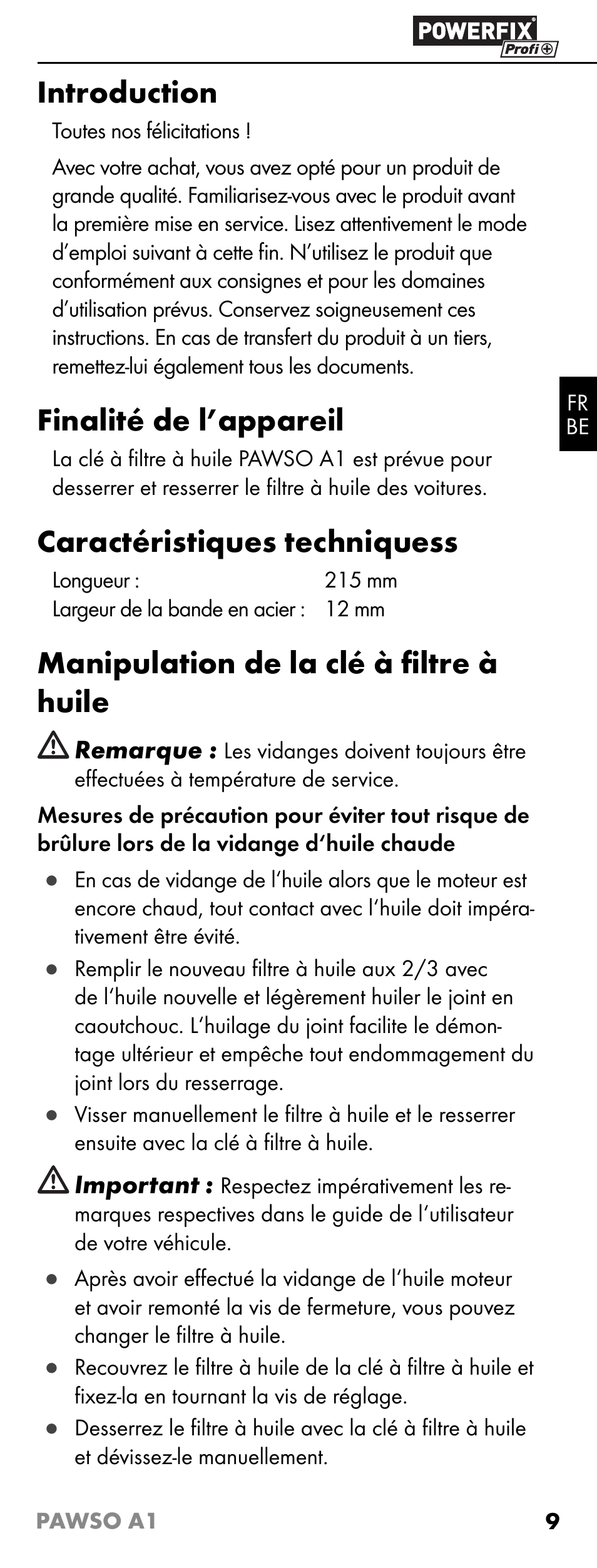 Introduction, Finalité de l’appareil, Caractéristiques techniquess | Manipulation de la clй а ﬁ ltre à huile | Powerfix PAWSO A1 User Manual | Page 11 / 17