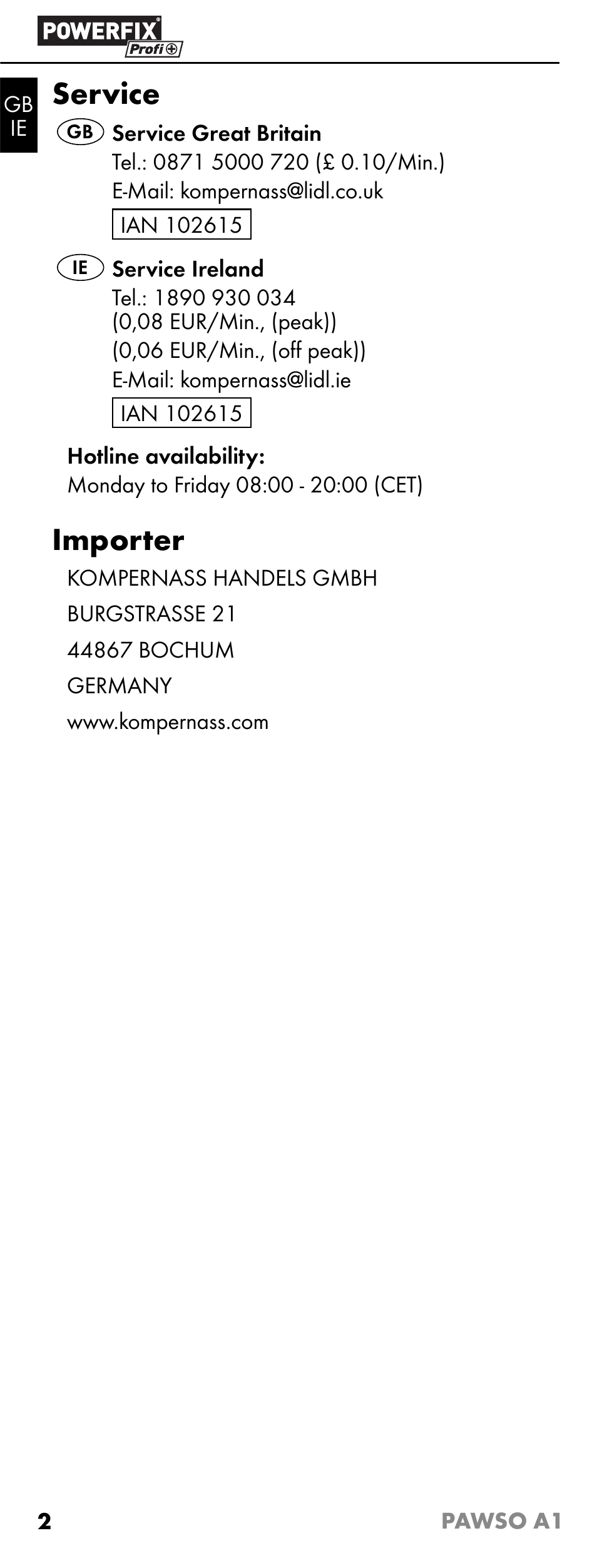 Service, Importer | Powerfix PAWSO A1 User Manual | Page 4 / 17