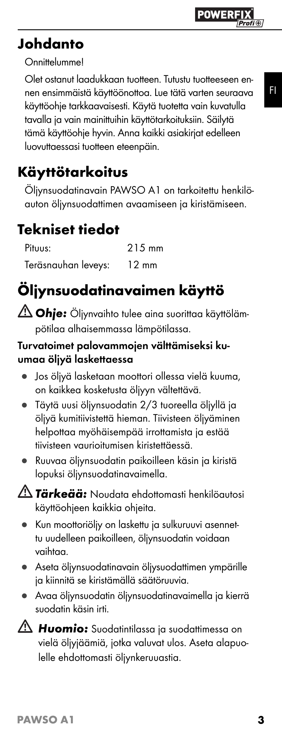 Johdanto, Käyttötarkoitus, Tekniset tiedot | Öljynsuodatinavaimen käyttö | Powerfix PAWSO A1 User Manual | Page 5 / 17