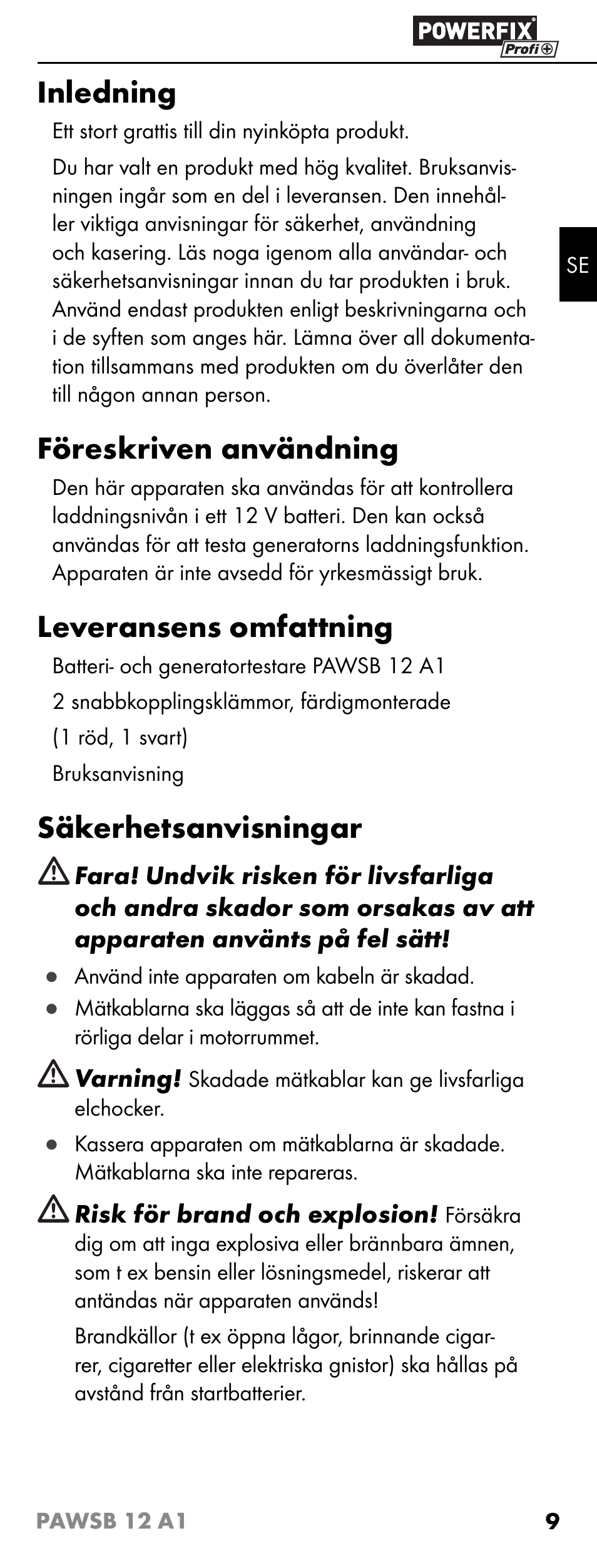 Inledning, Föreskriven användning, Leveransens omfattning | Säkerhetsanvisningar | Powerfix PAWSB 12 A1 User Manual | Page 11 / 31