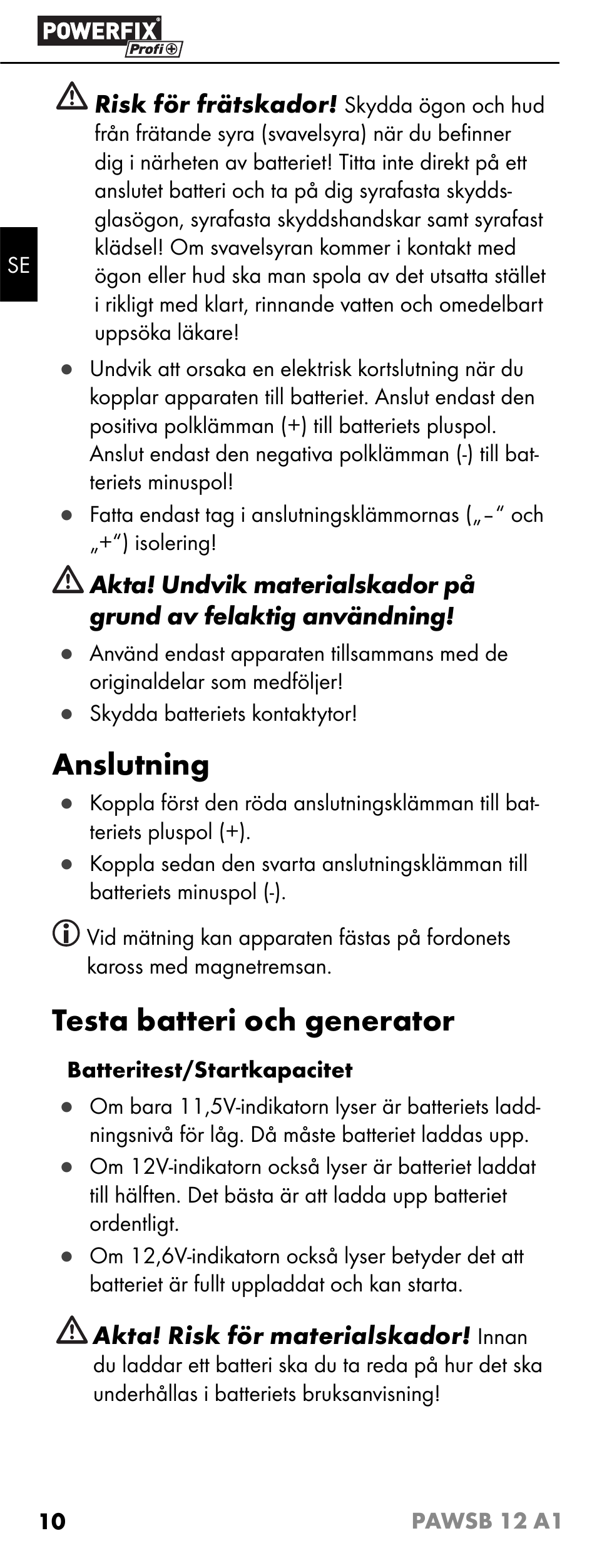 Anslutning, Testa batteri och generator | Powerfix PAWSB 12 A1 User Manual | Page 12 / 31