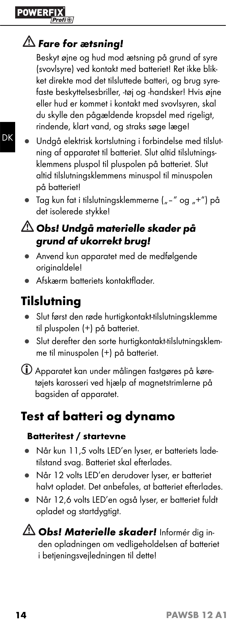 Tilslutning, Test af batteri og dynamo | Powerfix PAWSB 12 A1 User Manual | Page 16 / 31