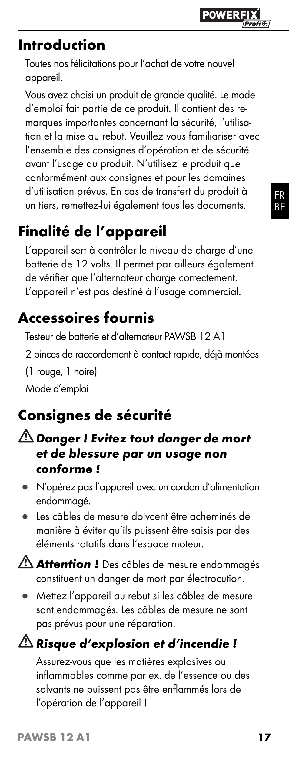 Introduction, Finalité de l’appareil, Accessoires fournis | Consignes de sécurité | Powerfix PAWSB 12 A1 User Manual | Page 19 / 31