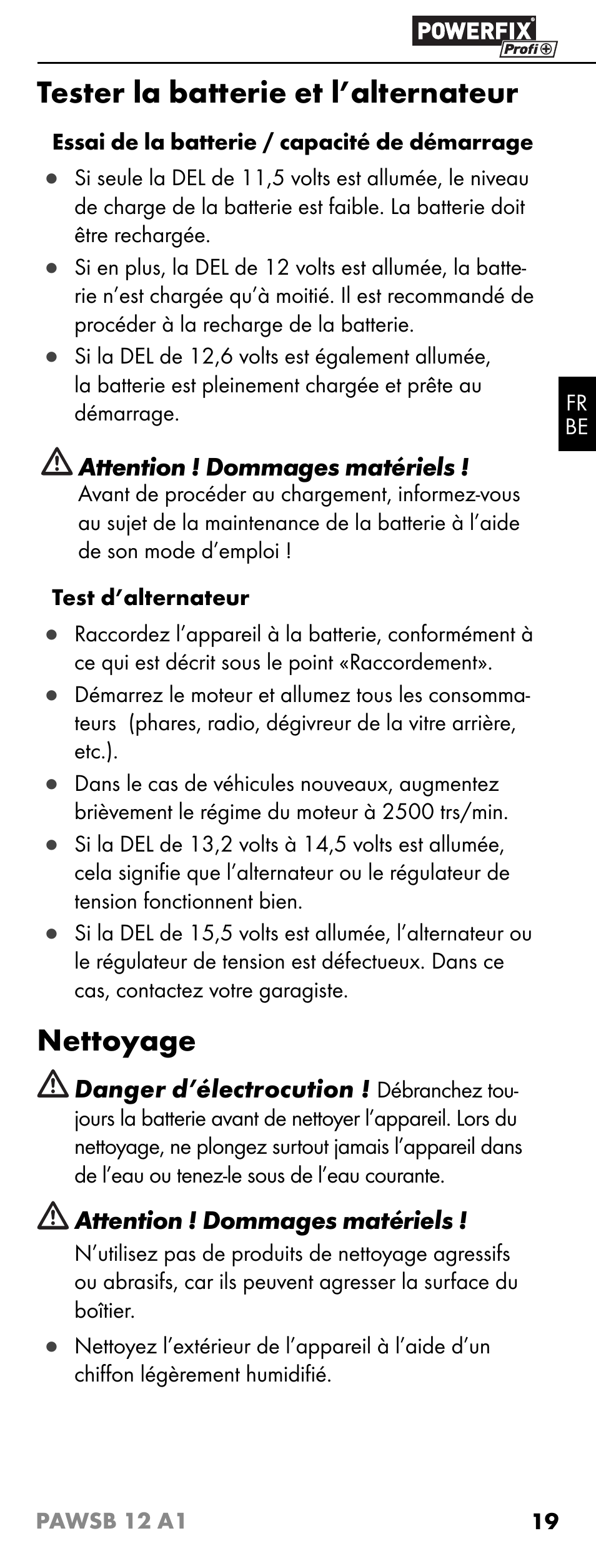 Tester la batterie et l’alternateur, Nettoyage | Powerfix PAWSB 12 A1 User Manual | Page 21 / 31