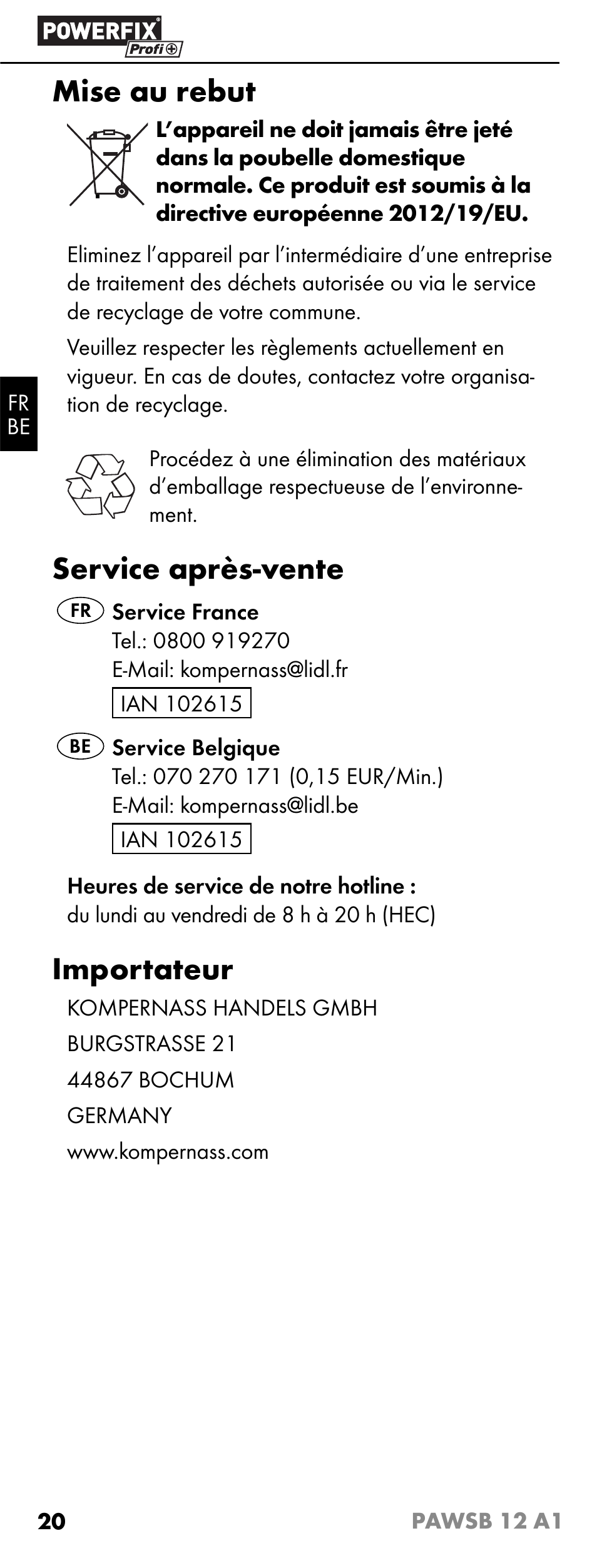 Mise au rebut, Service après-vente, Importateur | Powerfix PAWSB 12 A1 User Manual | Page 22 / 31