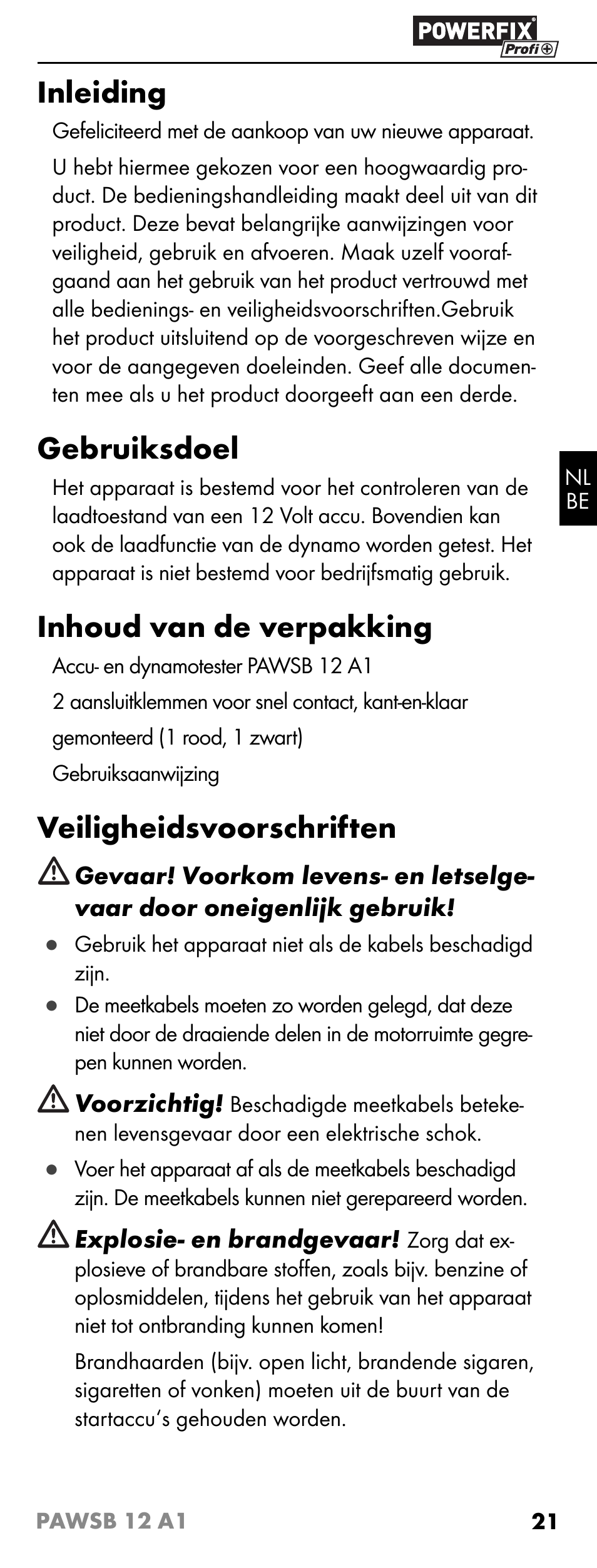 Inleiding, Gebruiksdoel, Inhoud van de verpakking | Veiligheidsvoorschriften | Powerfix PAWSB 12 A1 User Manual | Page 23 / 31