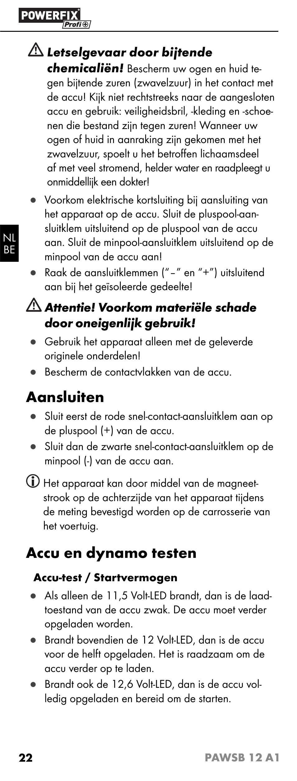 Aansluiten, Accu en dynamo testen | Powerfix PAWSB 12 A1 User Manual | Page 24 / 31