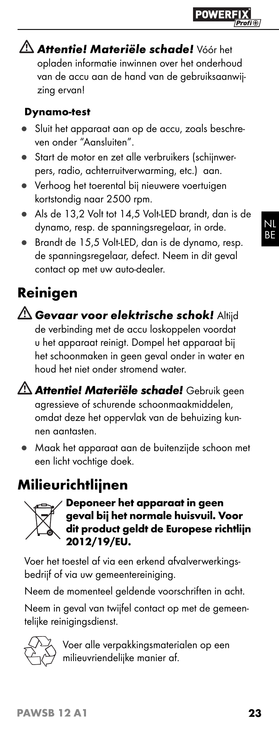 Reinigen, Milieurichtlijnen | Powerfix PAWSB 12 A1 User Manual | Page 25 / 31